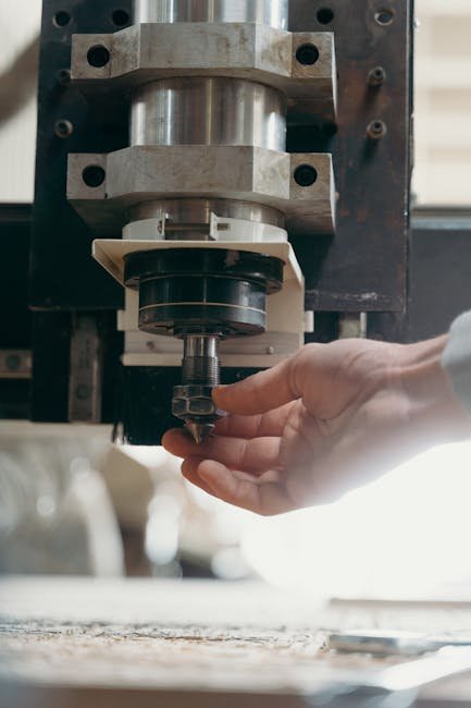 Detailed shot of a CNC machine spindle being adjusted by a human hand in a workshop setting.